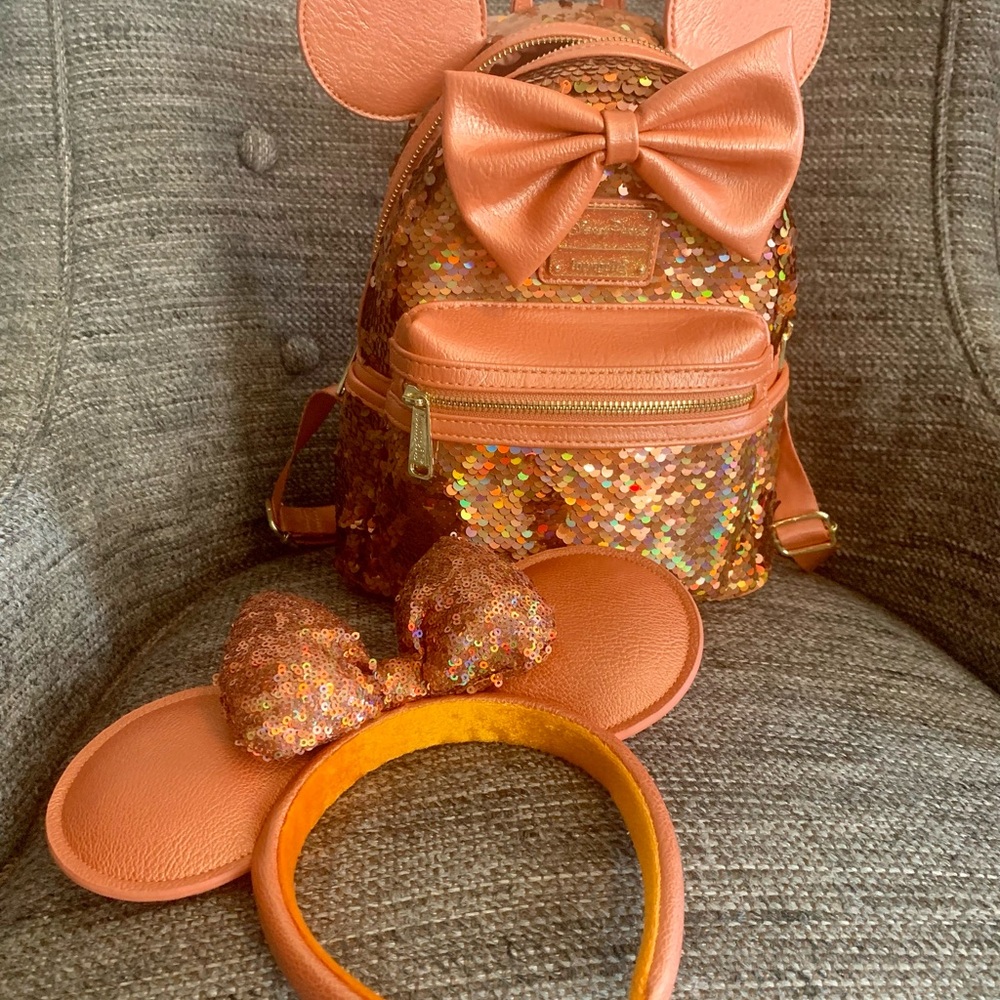 Loungefly 2024 Peach Sequin Minnie Ear Backpack with Matching Headband